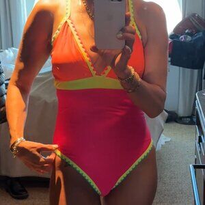 Colorblock one piece with plunging neckline